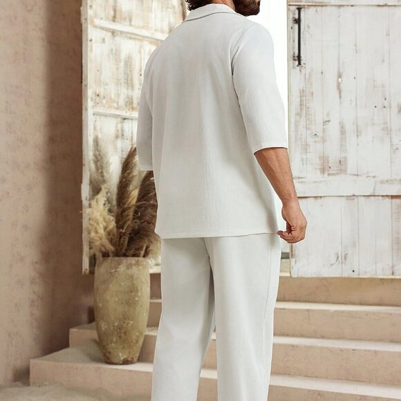 White Casual Men's Deep V-Neck Polo Shirt And Pants Set - Picture 3 of 6